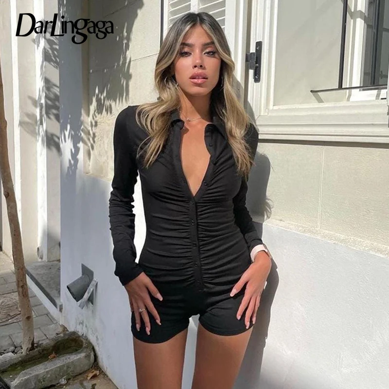 

Darlingaga Casual Long Sleeve Skinny Black Autumn Playsuit Women Ruched Buttons Basic Sportswear Jumpsuit Biker Playsuits Bodies