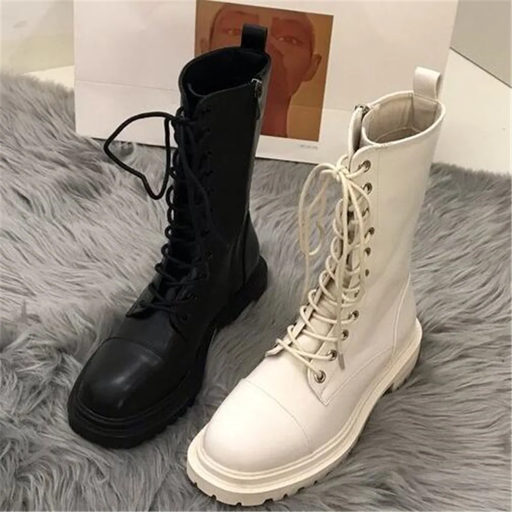 

2021 New Mid Calf Boots Women Autumn Winter Fashion Lace-up Zipper Botas Mujer Boots Platform Heel Ladies Sports Shoes Black