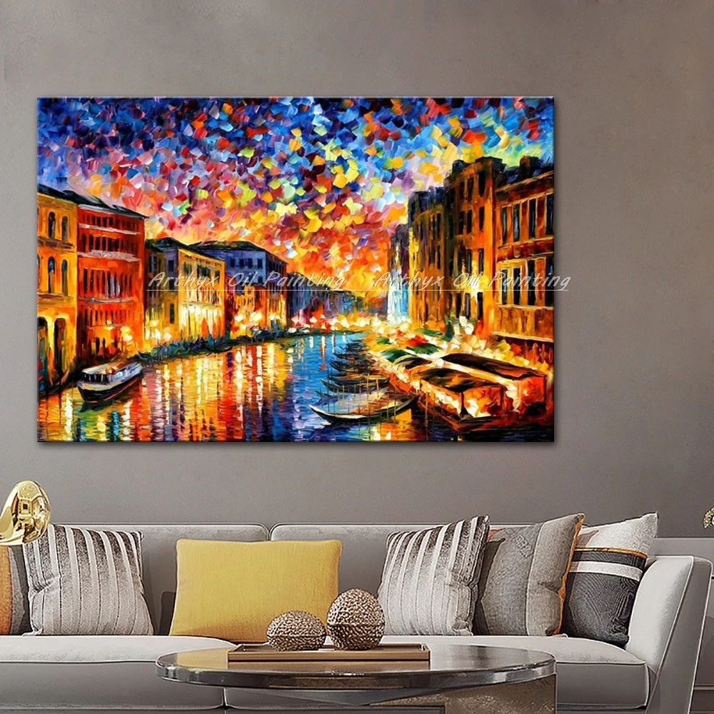 100% ручная роспись абстрактные городские лодки палитра нож Толстая картина