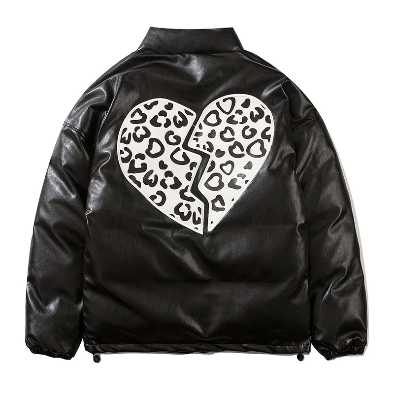 2021 New Leather PU Winter Mens Jacket Broken Heart Printed Hip Hop Zipper Thick Jackets Men Fashion Casual Streetwear Tops Coat