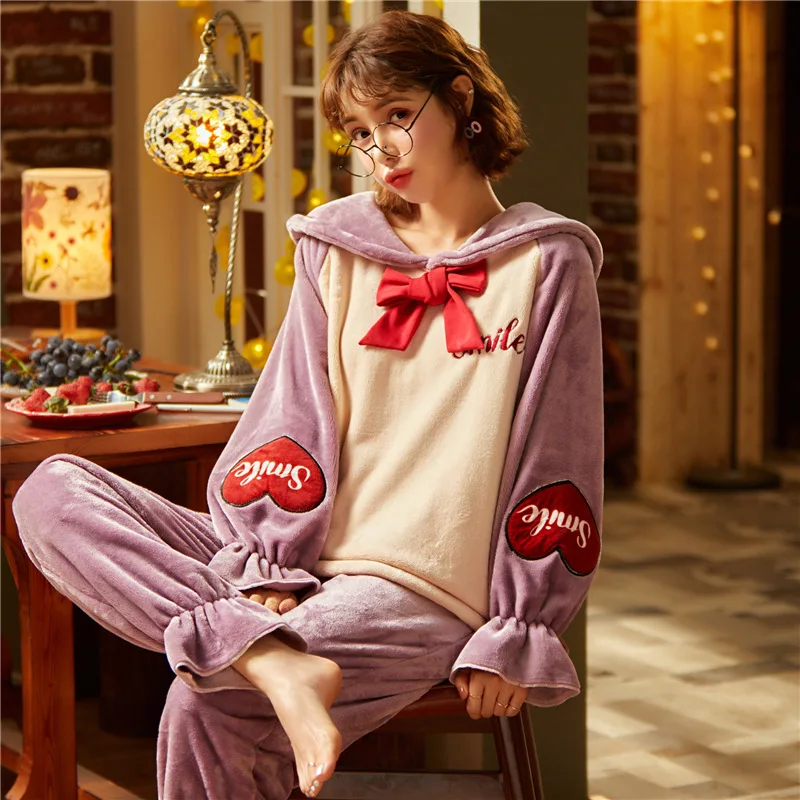

Flannel Winter Warm Homewear Ladies Lovely Plush 2PCS Print Pajamas Suit Loose Sleepwear Full Sleeve Pant Casual Nightwear