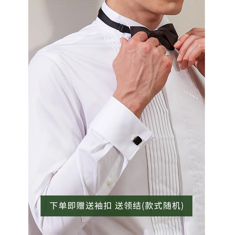 Men's Long Sleeve French Cuff Tuxedo Shirt Wing Tip Collar Solid Color Dress Shirt for Wedding, Bridegroom, and Formal Party image 5