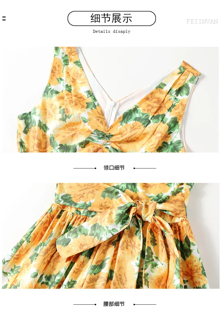 

Banulin 2021 Summer Women Runway Spaghetti Straps Dresses Ruched V-Neck Yellow Floral Printed High Street Casual Beach Dress