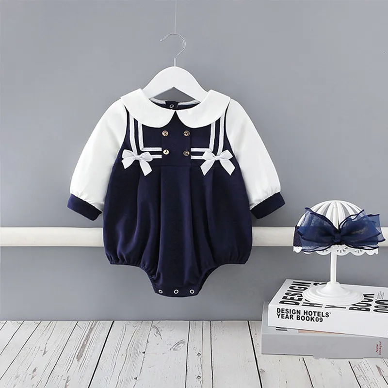 

Newborn Girls Bodysuit 90% Cotton Peter Pan Collar Infant Baby Jumpsuits+Hairband 2pcs/set Kids Clothes Set 0-24M