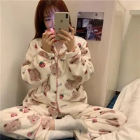cute coral velvet pajamas female students ins autumn and winter new thickened plus velvet outer wear home wear two pajamas set