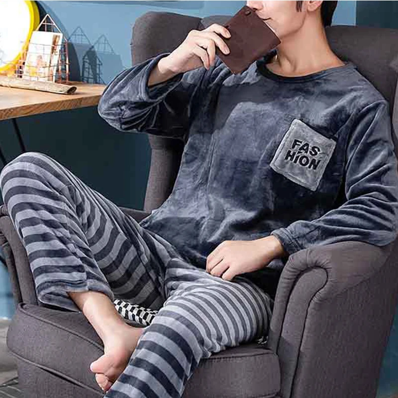 

Men Flannel Warm Pajamas Sleepwear Thick Long Sleeve Casual Fleece Coral Autumn Winter XXXL