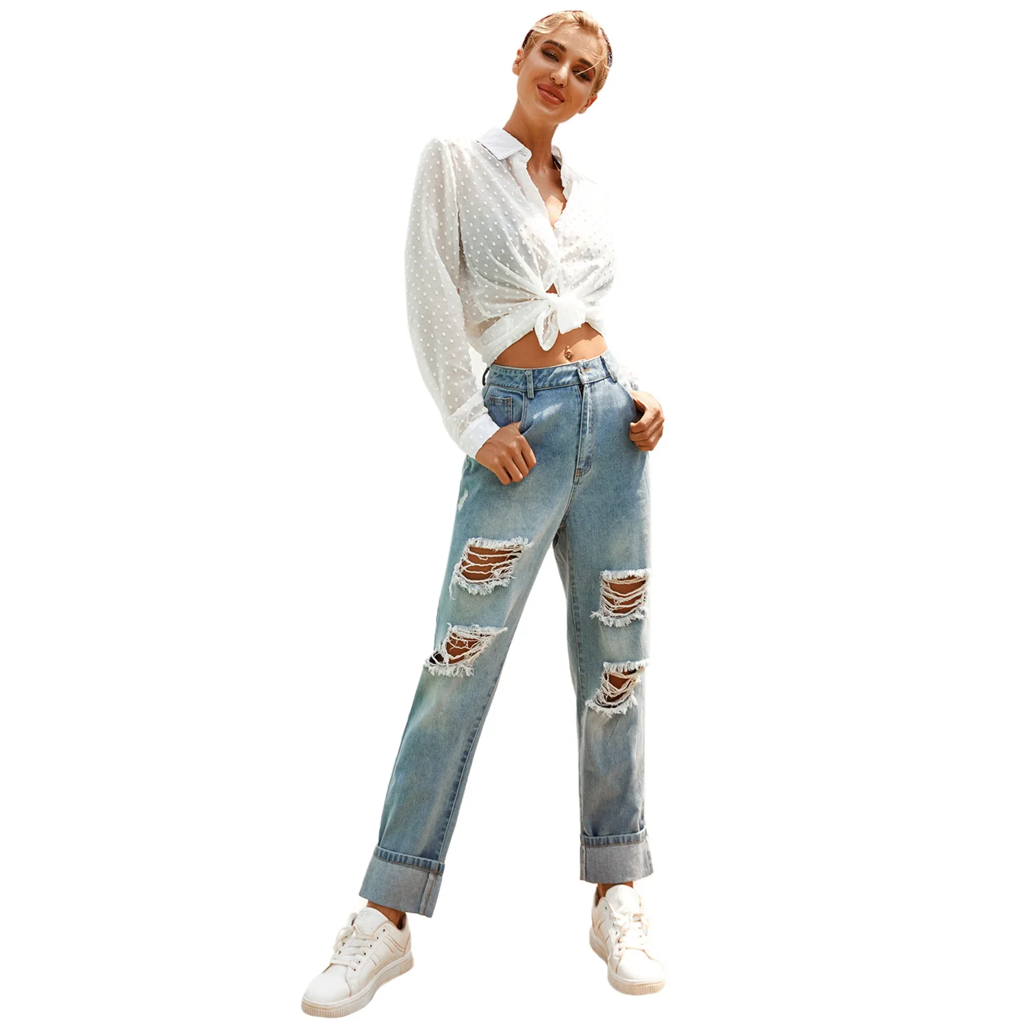Sexy Ripped Hole Jeans Spring Women Retro Loose Washed High Waist Jeans Female Fashion Pockets Zipper Straight Jeans