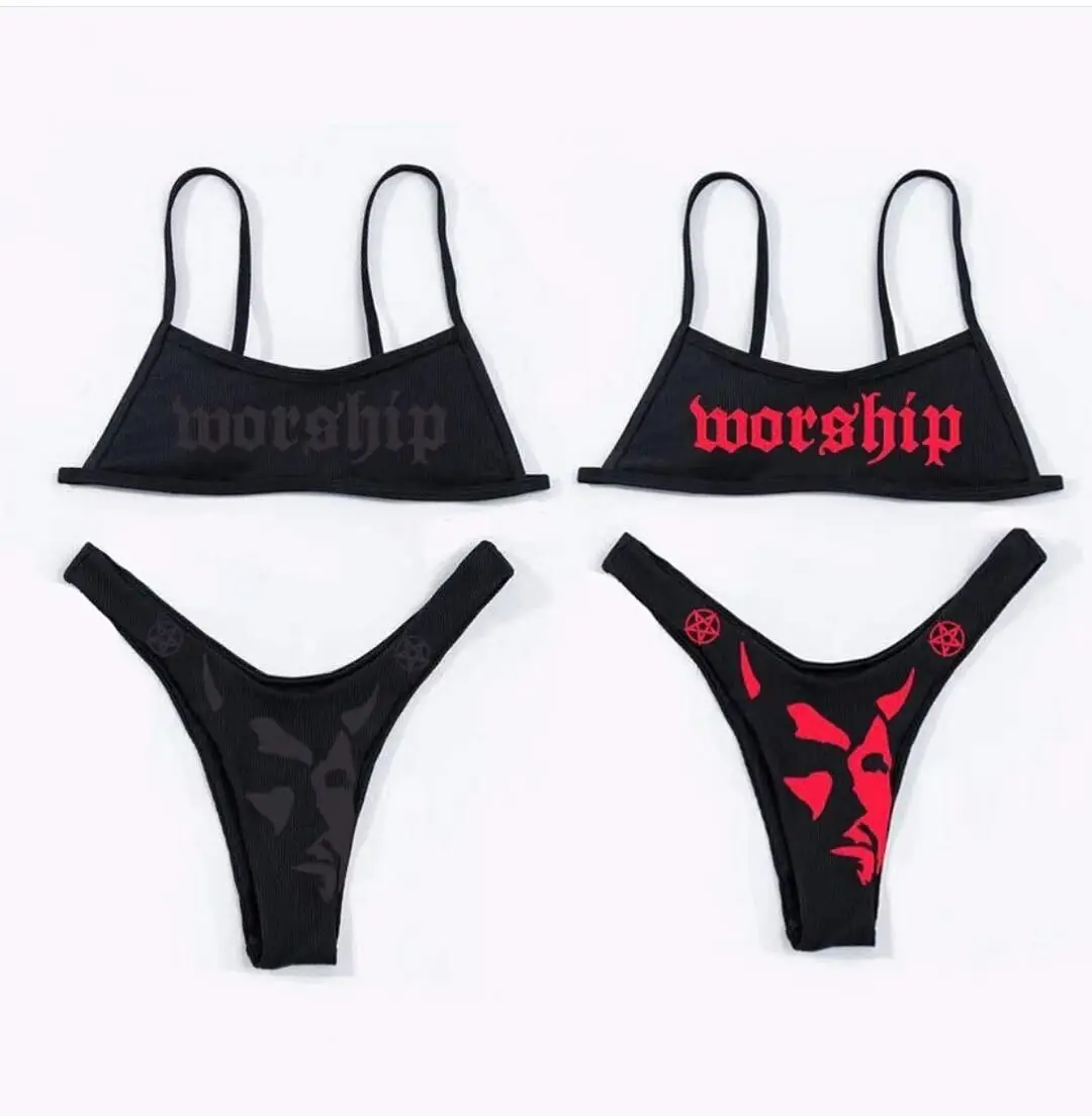 

InsGoth Gothic Sexy Bandage Black Bikini Goth Skull Print Swimsuit Punk High Waist Bikini Set Beachwear Letter Graphic Swimwear