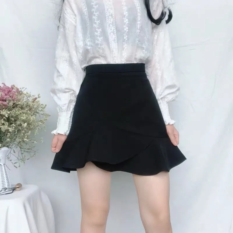 

Summer High Waist Black Ruffle Mini Skirt For Women Streetwear Casual Fishtail Short Skirts