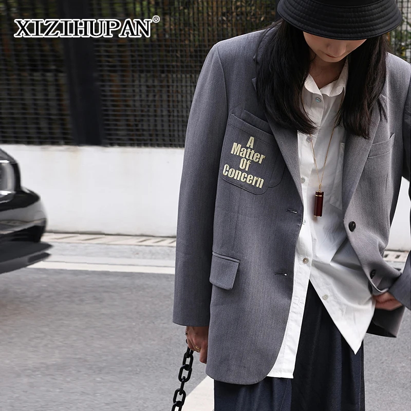 

XIZIHUPAN Gray Korean Casual Jackets For Females Notched Long Sleeve Loose Elegant Women's Blazers 2021 Autumn Fashion Clothing