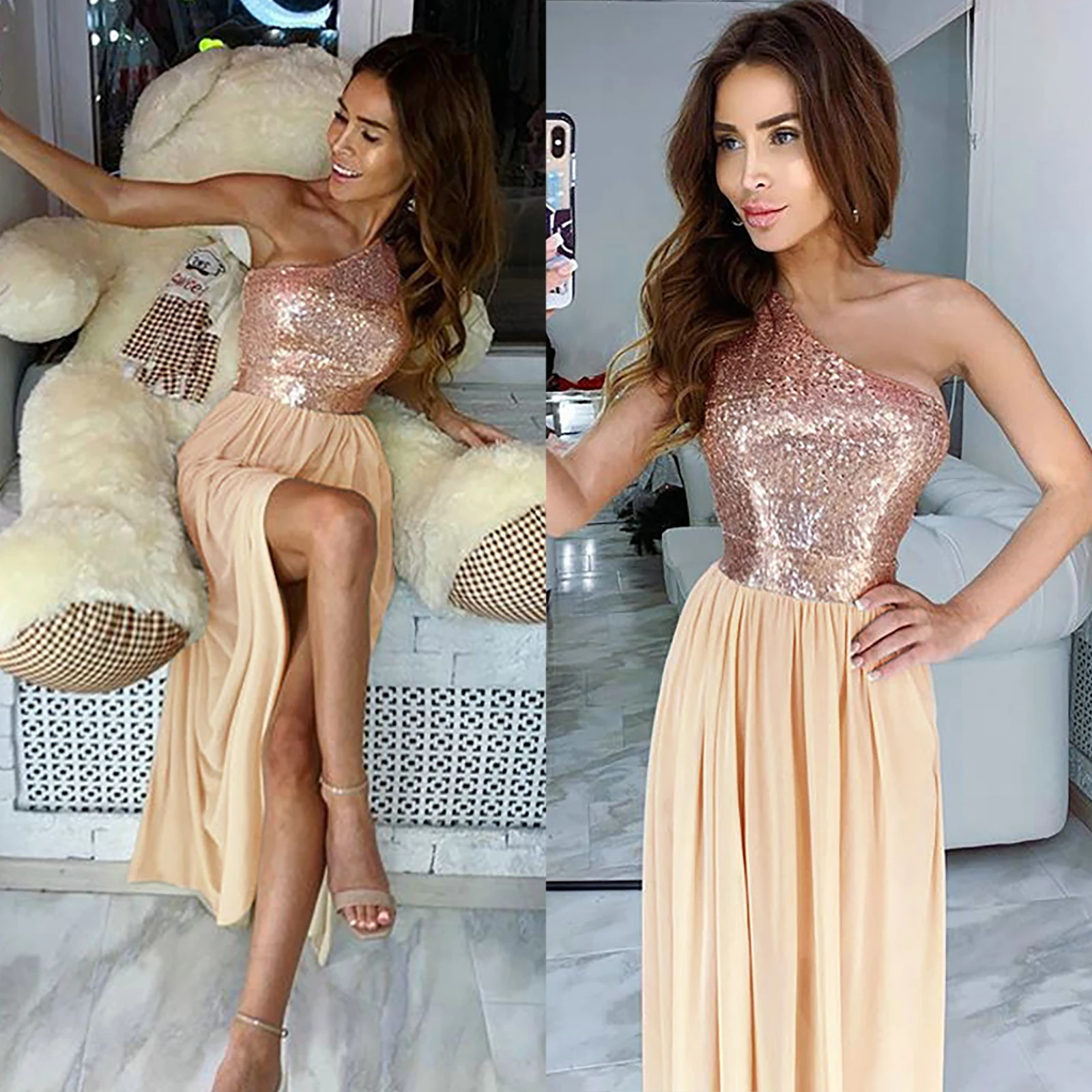 

Sequined One Shoulder Sexy Dresses Women Mid-Calf Length Fit and Flare Night Clothes Elegant Ladies Party Dress