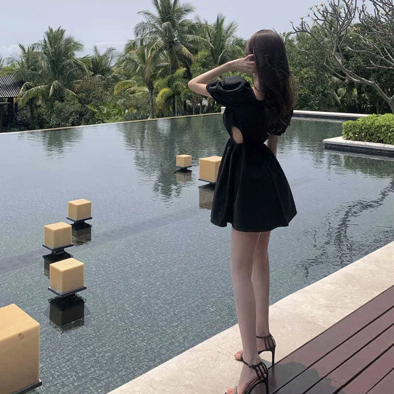 

2021 Summer Short Sleeve White Elegant Dress Women Square Collar Mini Dress Evening Party Dress for Females Korean Style Chic