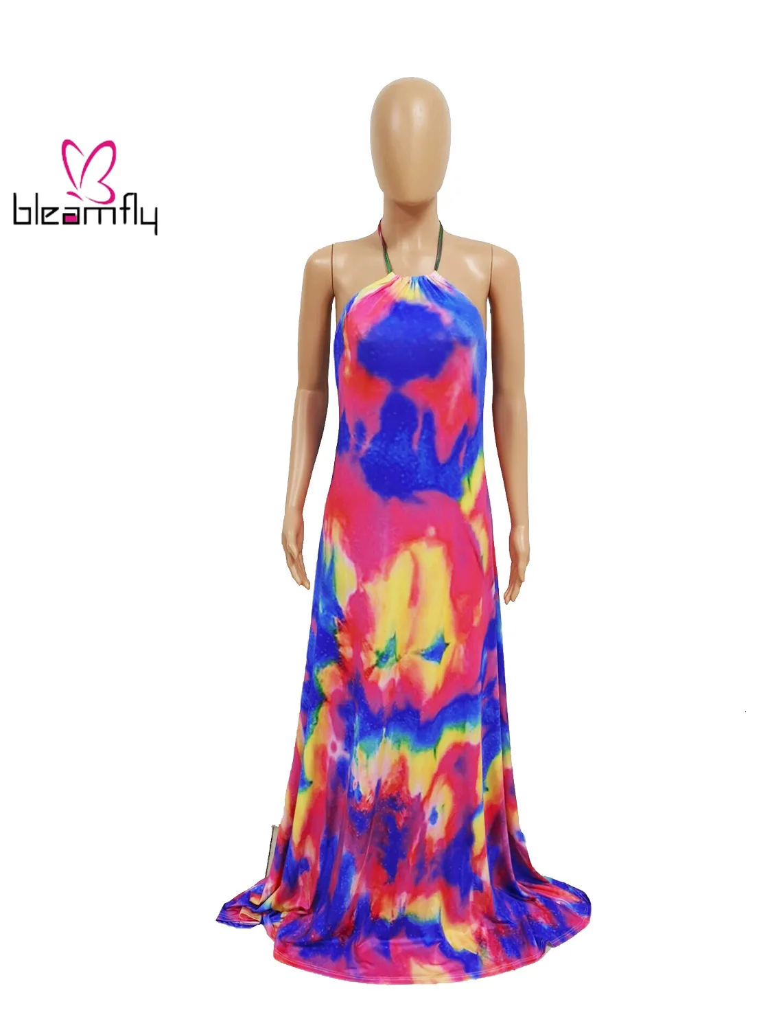 Женское летнее платье без рукавов с бретелькой через шею открытой спиной