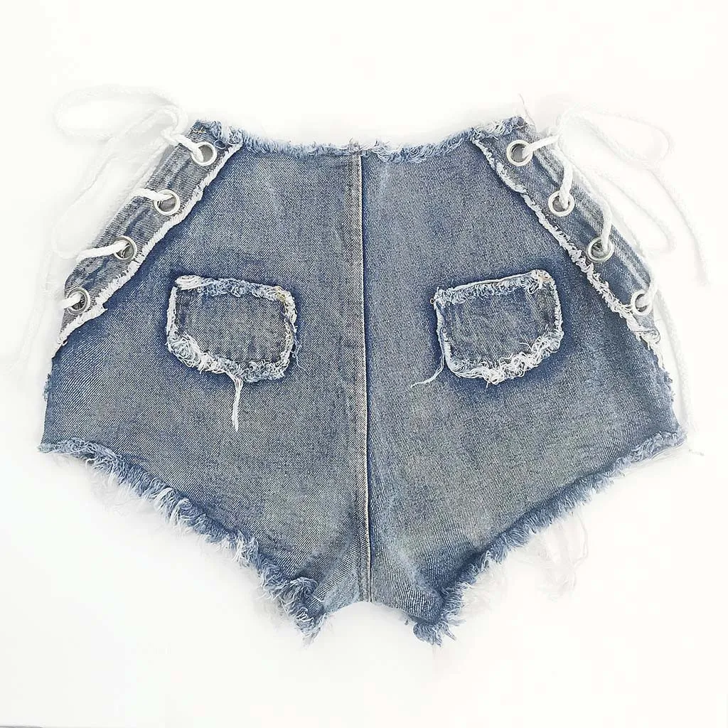 

Women Shorts 2020 Sexy Bandage Front Zipper Hollow Out Short Jeans Casual High Waist Denim Procket Shorts Beach Streetwear Z0312
