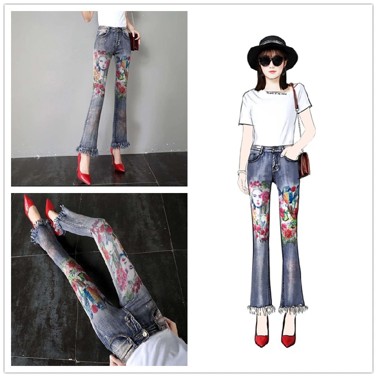 Женские раскрашенные бронзовые джинсы Новые Модные расклешенные с принтом