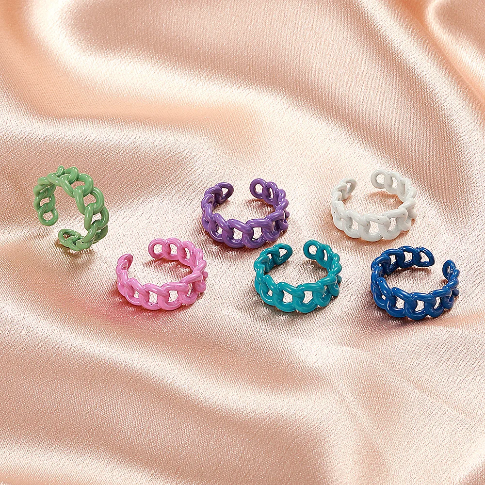

2021 Korea New Design Colorful Hollow Candy Color Chain Opening Rings for Women Men Party Finger Jewelry Summer Travel Gifts