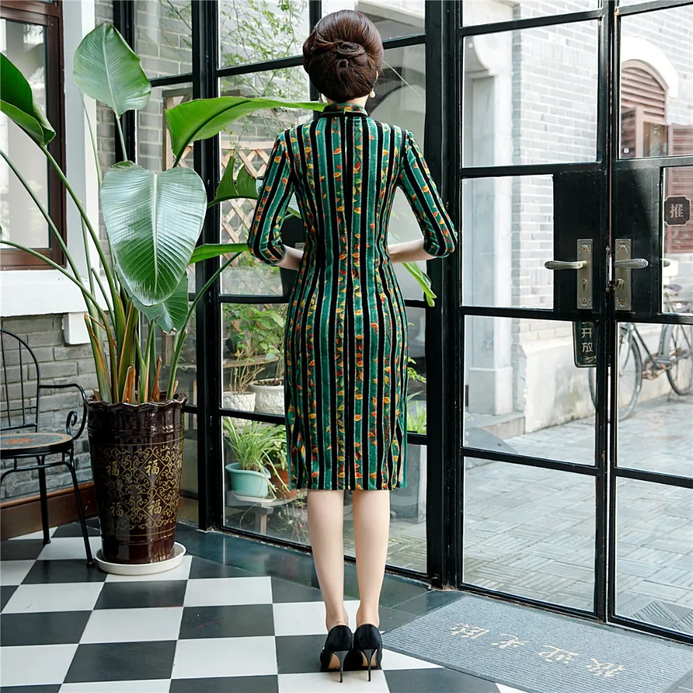 Шанхай история велюр Cheongsam по колено китайское платье Ципао традиционное платье зеленый