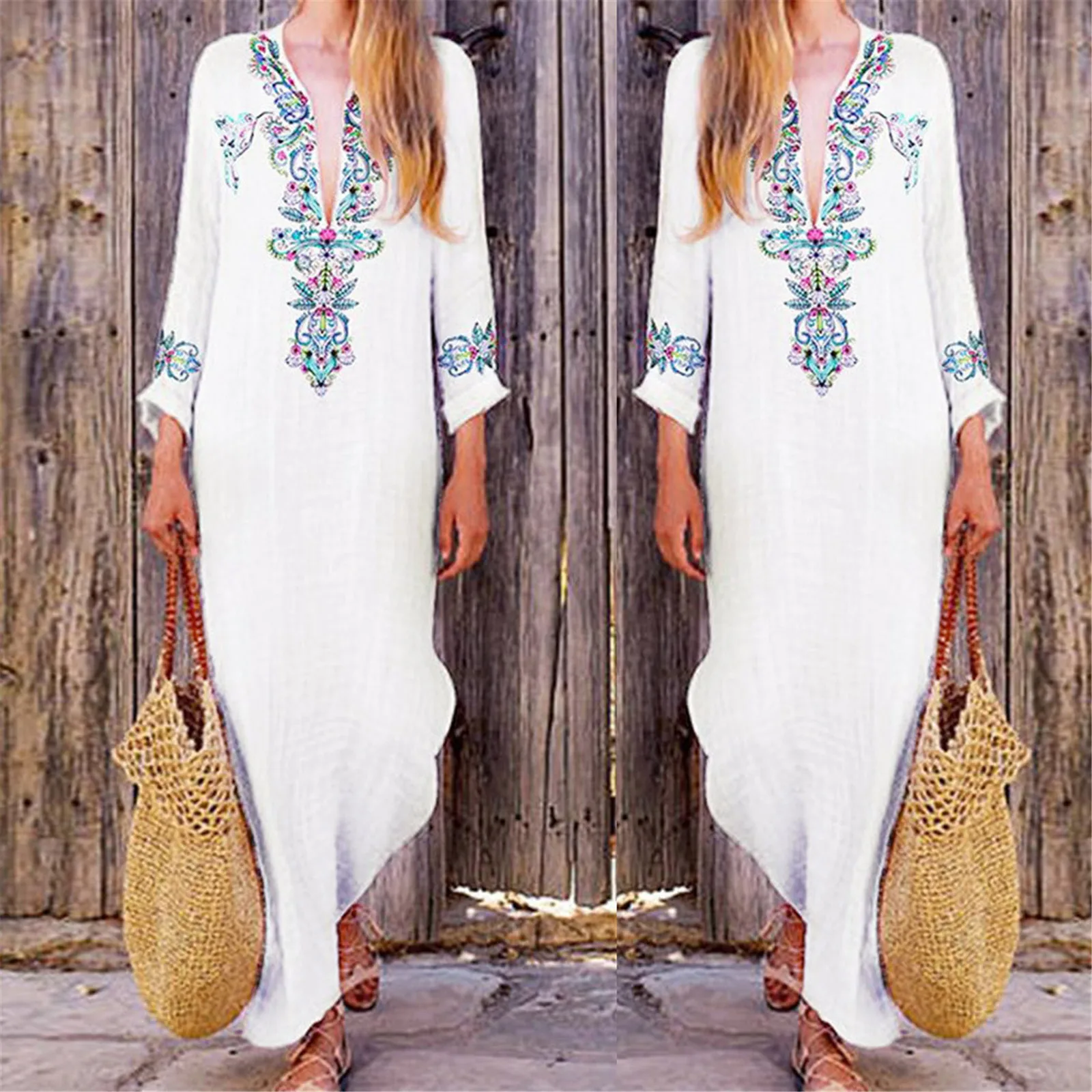 Женские Повседневные принты с v образным вырезом Сбоку разрез богемные платья