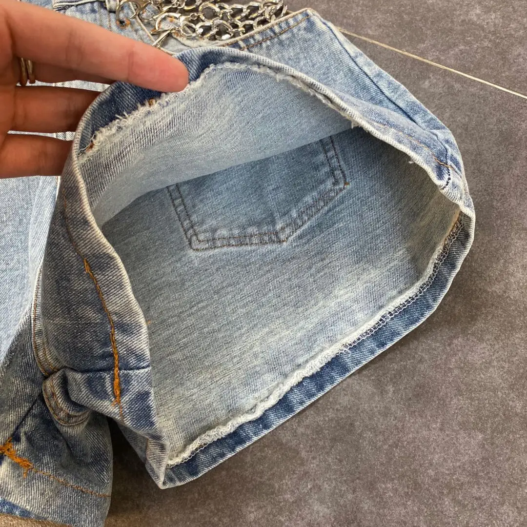 

ZCSMLL Sexy High-waist Denim Shorts Stitching Side Chain Decoration Hollow Out Korean Fashion Women Shorts 2021 Spring Summer