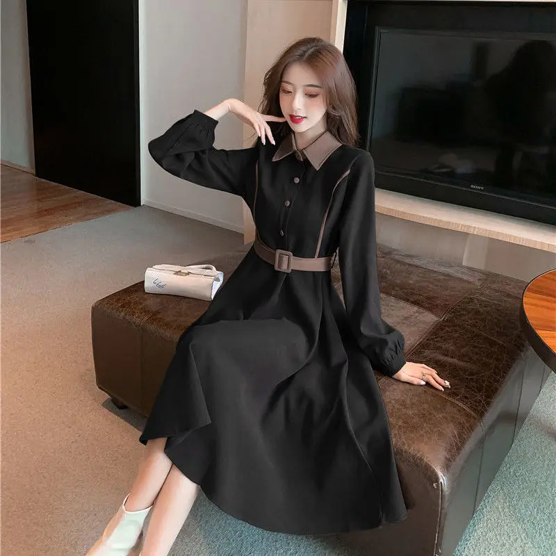 

Women Designer Korean Dress 2021 Spring Midi Business Office Lady One-piece Dress Elegant Velvet Long Sleeve Dress Winter Sashes