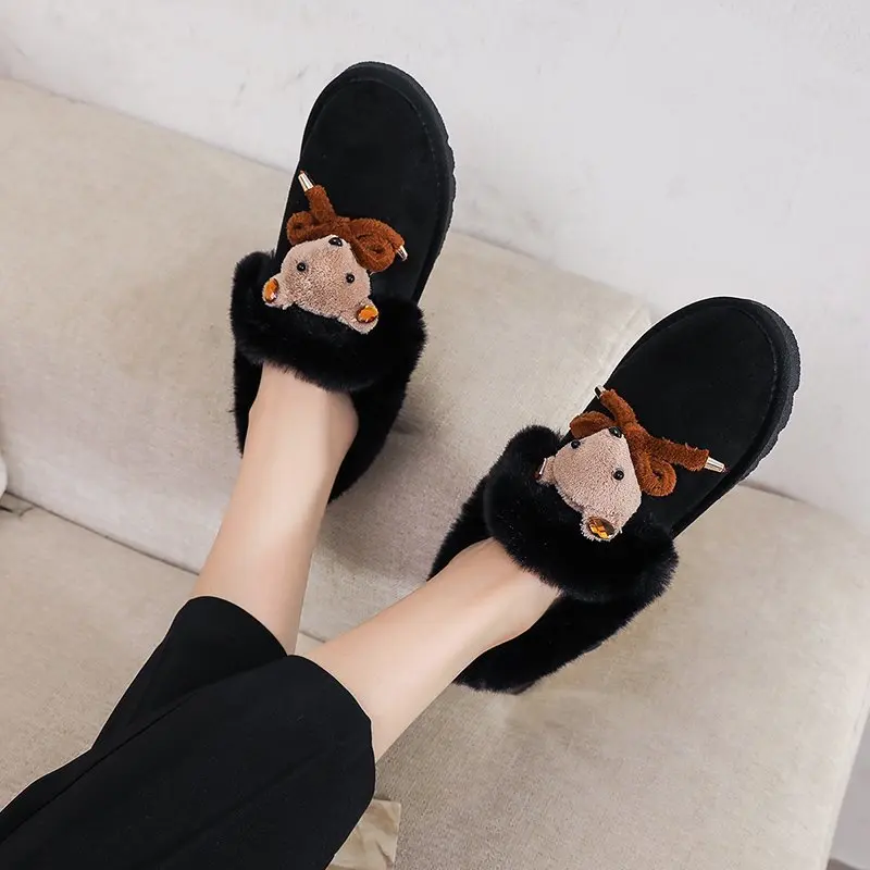 

Winter Warm Fur Women Shoes Woman Flats Loafers Plush Slip On Fox Bow Knot Round Toe Moccasins Footwear Casual Shoes Plus Size