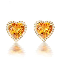 romantic style light yellow gold color love heart citrines crystal stud earrings with cubic zirconia jewelry