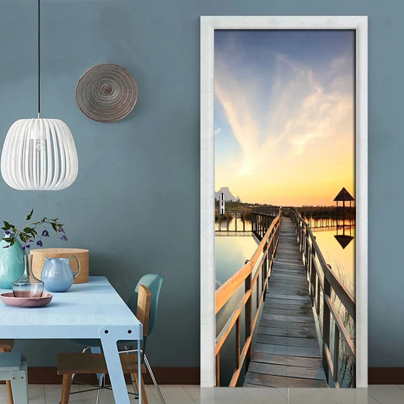 3D наклейки на двери закат морской пейзаж деревянный мост водонепроницаемая