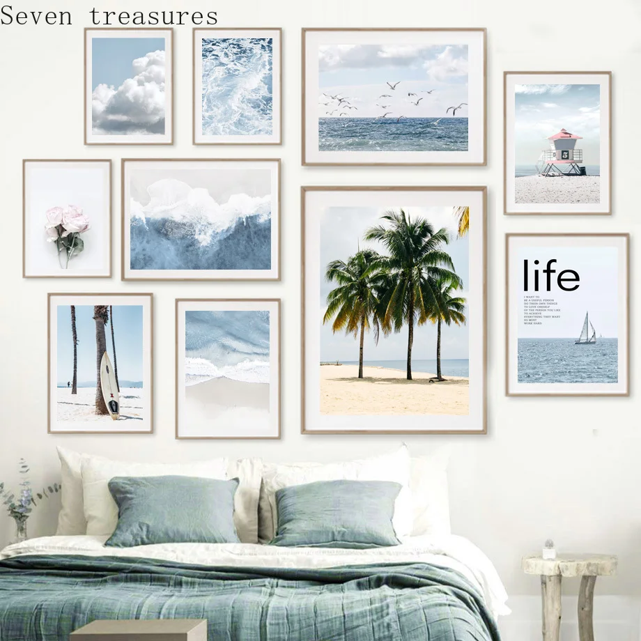 

Blue Sea Bird Beach Surfboard Palm Tree Wall Art Canvas Painting Nordic Posters And Prints Wall For Living Room DecorPictures