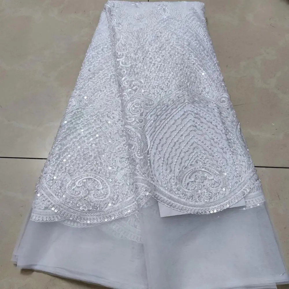 

Madison Pure White Nigerian Lace Fabrics Handmand Beaded Lace Fabric High Quality Lace African French Lace Fabric For Sewing