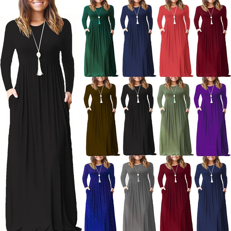 

New Round Neck Pure Color Slim Dress High Waist Sukienka Long Sleeve Floor Length Dress Frill Pockets Women Robe Femme Ete 2021