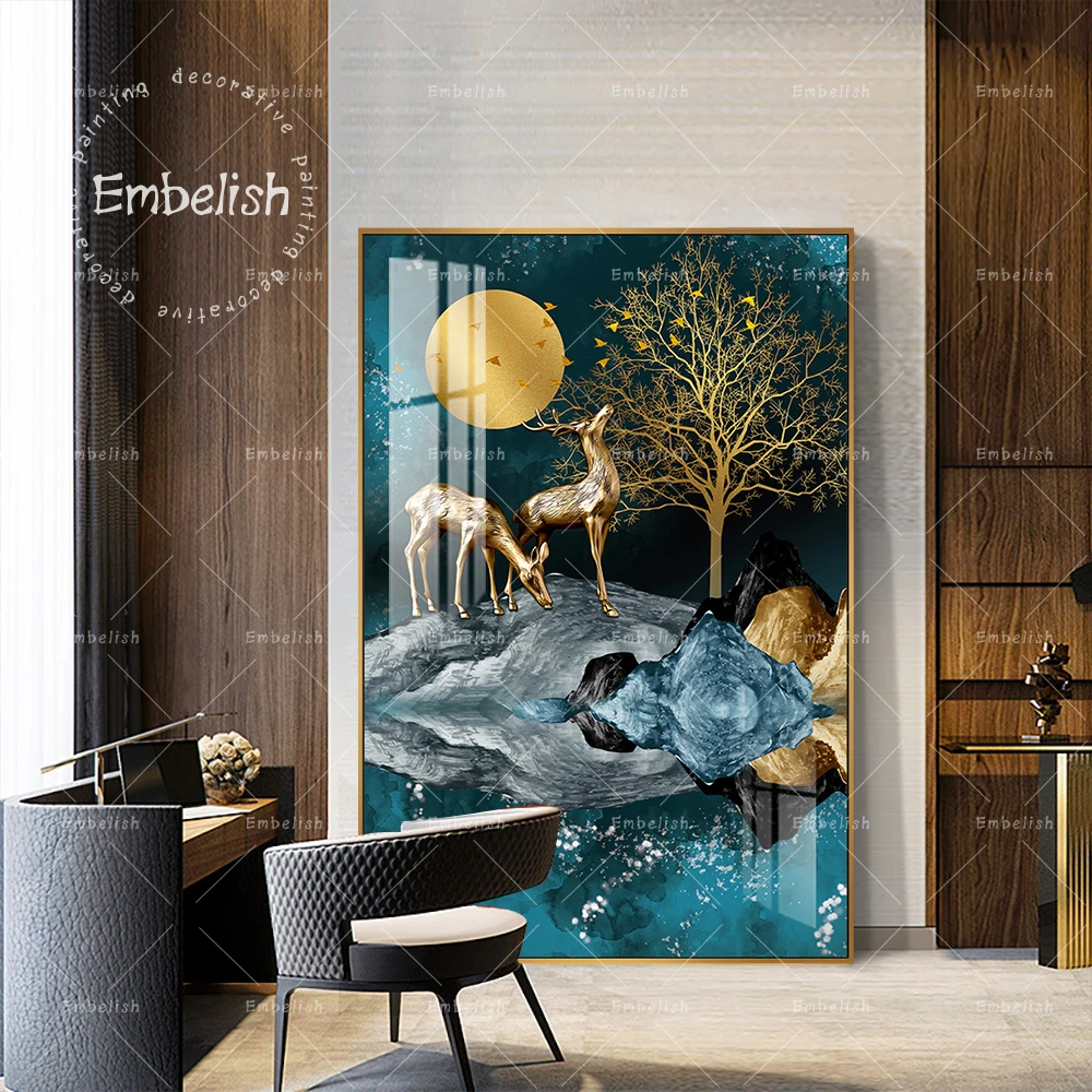 

Fashion Artworks For Living Room Golden Deer In Mountains Landscape Wall Art Pictures Modern Home Decor HD Canvas Paintings