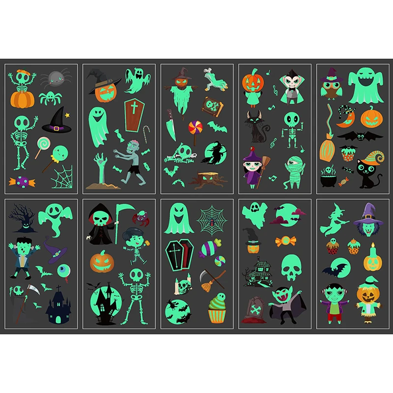 10sheets Halloween Party Luminous Tattoo Fake Witch Glowing Stickers | Красота и здоровье