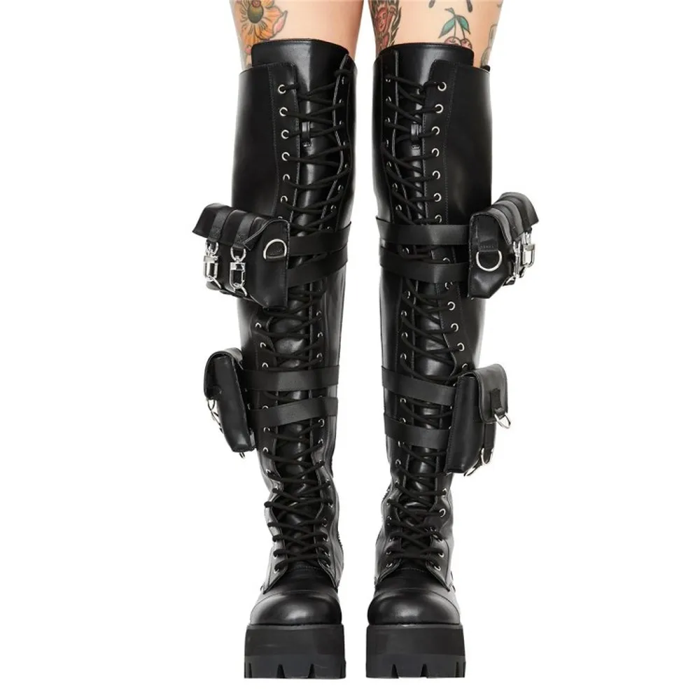 

Womens Round Toe Genuine Leather Belt Purse Pocket Army Over The Knee Boots Platform Chunky Heel Combat Punk Shoes Black