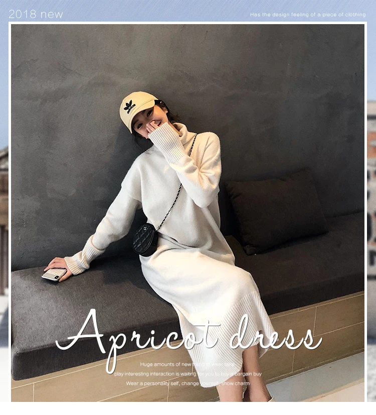 Turtleneck Cashmere Knitted Sweater Dress Women Autumn Spring Noodles Elastic Long Sleeve thick Pullover Winter Dress