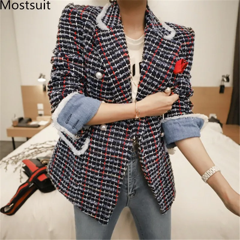 

Korean Vintage Tweed Women Blazer Coat Double-breasted Full Sleeve Notched Collar Jacket Elegant Ladies Fashion Blazers Femme