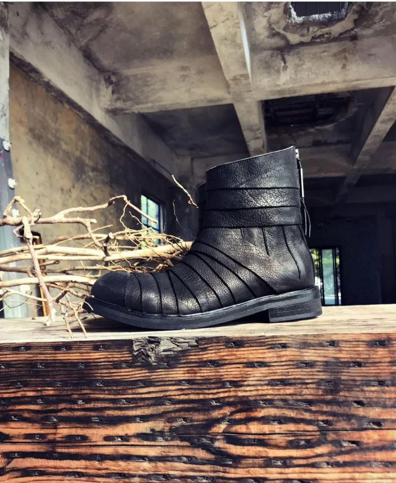 Harajuku/мужские ботинки до середины икры из натуральной кожи в стиле панк; дизайнерские ботинки с круглым носком на молнии сзади; ботинки, увеличивающие рост