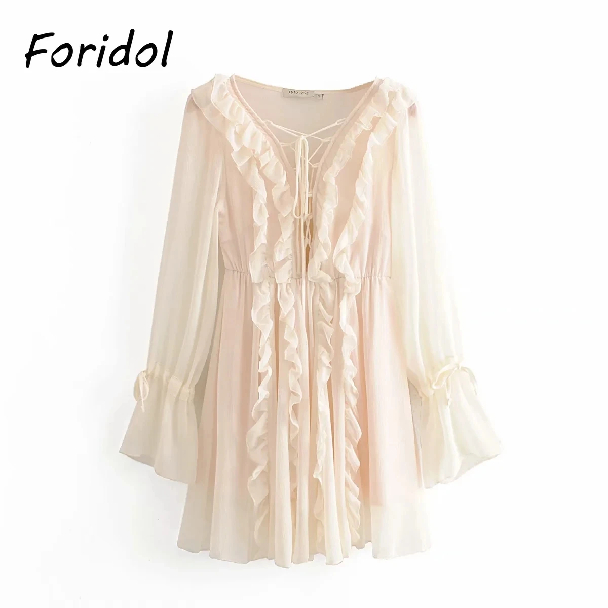 

Foridol Sexy Lace Up Ruffle Chiffon Dress Women Spring Beach Mesh Short Dress Summer Boho Fashion Long Sleeve Dress 2021 New