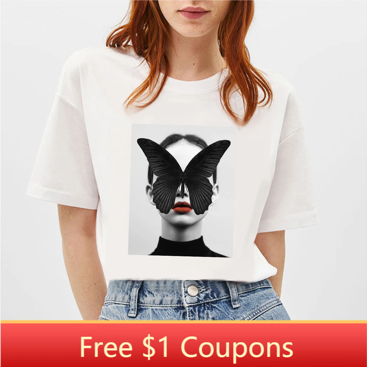 

BLINGPAW Minimalist Women T-shirt Black Butterfly Summer Short-sleeved Tops & Tees O-Neck Casual Girl's Large Size 100% Cotton