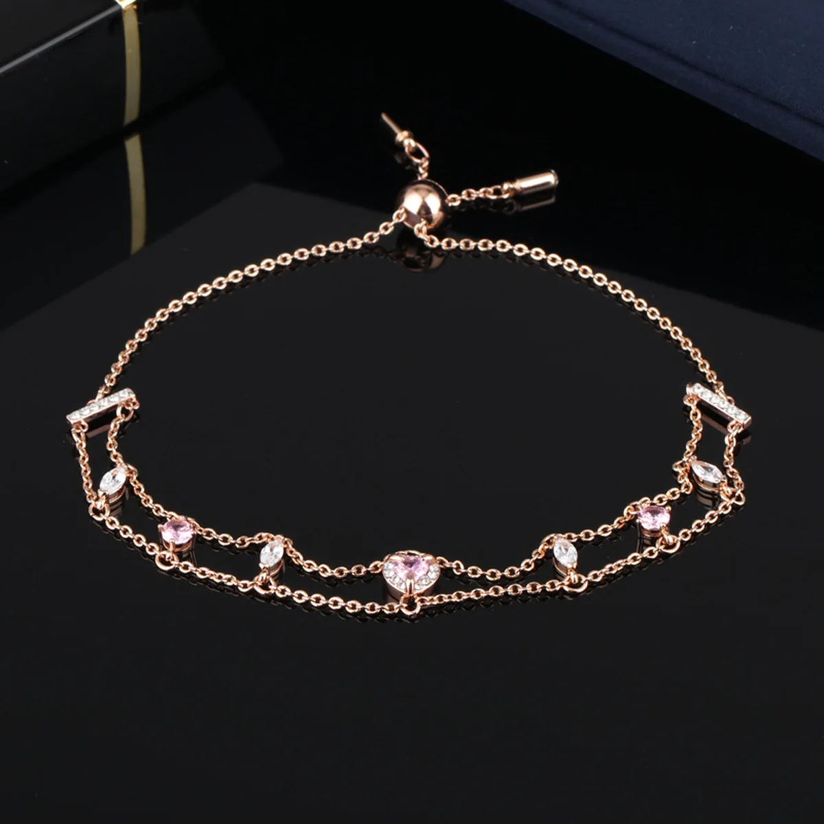 

QSJIE High Quality SWA, Austrian Romantic Pink Crystal Love Double Layer Double Row Women's Bracelet Charming fashion jewelry