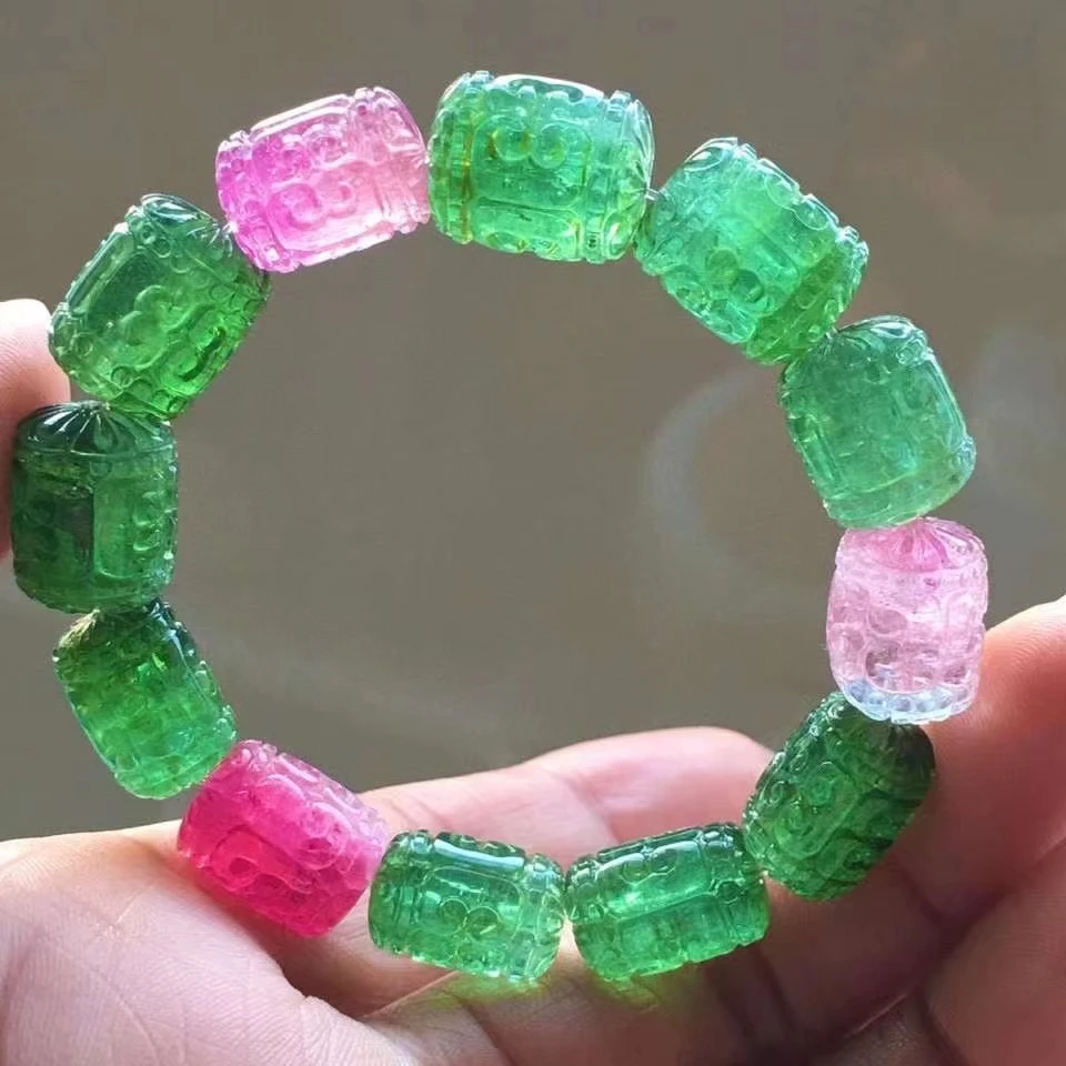 

Genuine Natural Green Red Tourmaline Quartz Bracelet 11.5/14.5mm Clear Barrel Beads Brazil Women Men Crystal AAAAAA