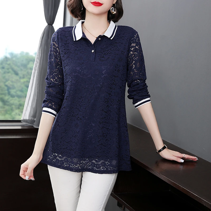 

Женская кружевная блузка с длинным рукавом, голубая Элегантная блузка в Корейском стиле, с вырезами, модель 2021 на осень