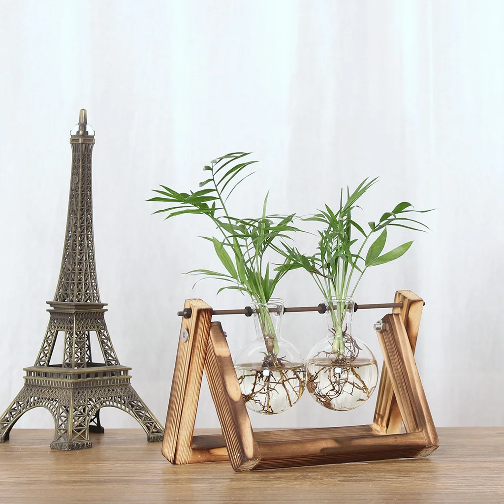 

Terrarium Creative Hydroponic Plant Transparent Vase Wooden Frame Vase Decoratio Glass Tabletop Plant Bonsai Decor flower Vase