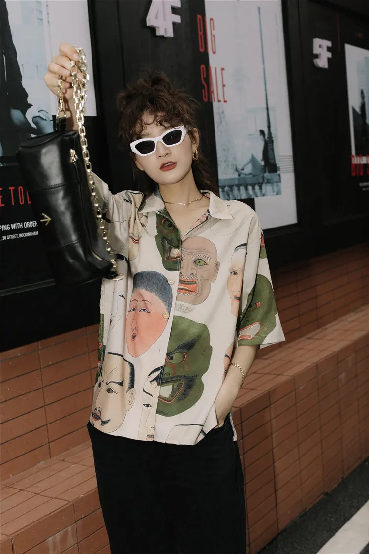 

ZCSMLL Japanese Streetwear Ukiyoe Print Summer Blouse Women 2021 Collared Button Up Shirt Short Sleeve Top And Blouse Clothing