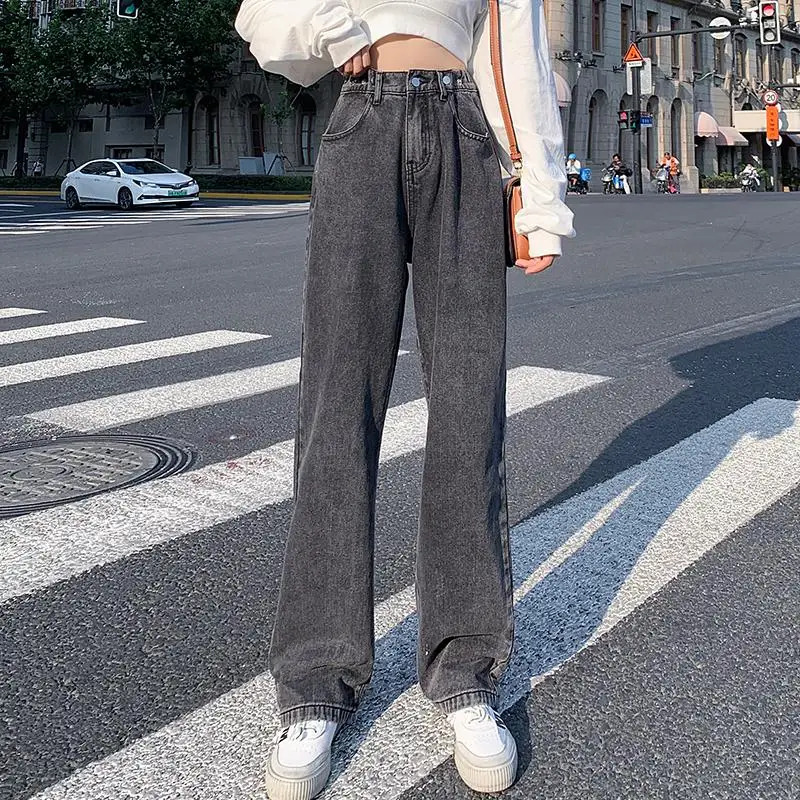 

Make early autumn black ash new fashion han edition of tall waist loose the drape straight wide-legged show thin denim trousers