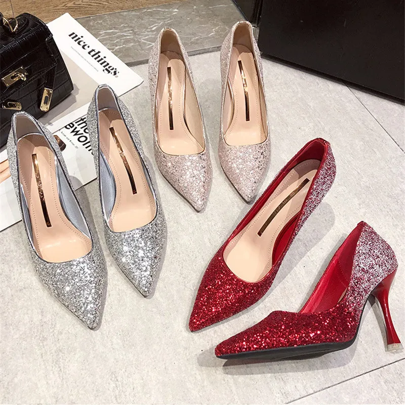 

Wedding Shoes Women Bling Shallow Heels Elegant Fashion Point Toe High Heel Shoes Ladies