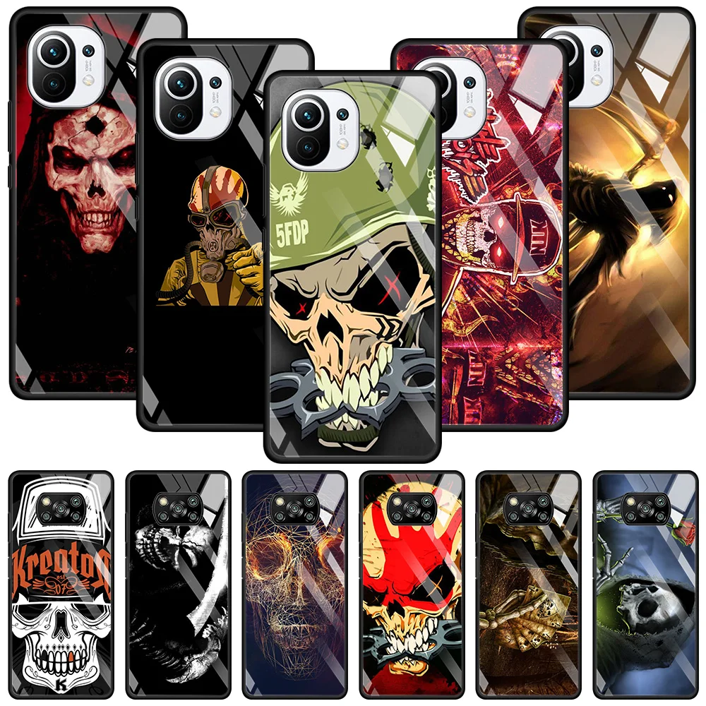 

Tempered Glass Case For Xiaomi Poco X3 NFC X3 M2 F2 Pro For MI 11 Ultra 11 10 10T Lite 9T CC9E CC9 Fundas Death Skull