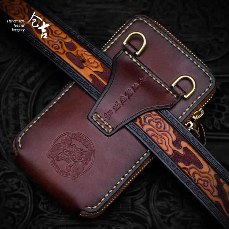 

Men's handmade pockets First layer leather mobile phone bag Vintage Chinese style eagle pattern leather carving shoulder bag