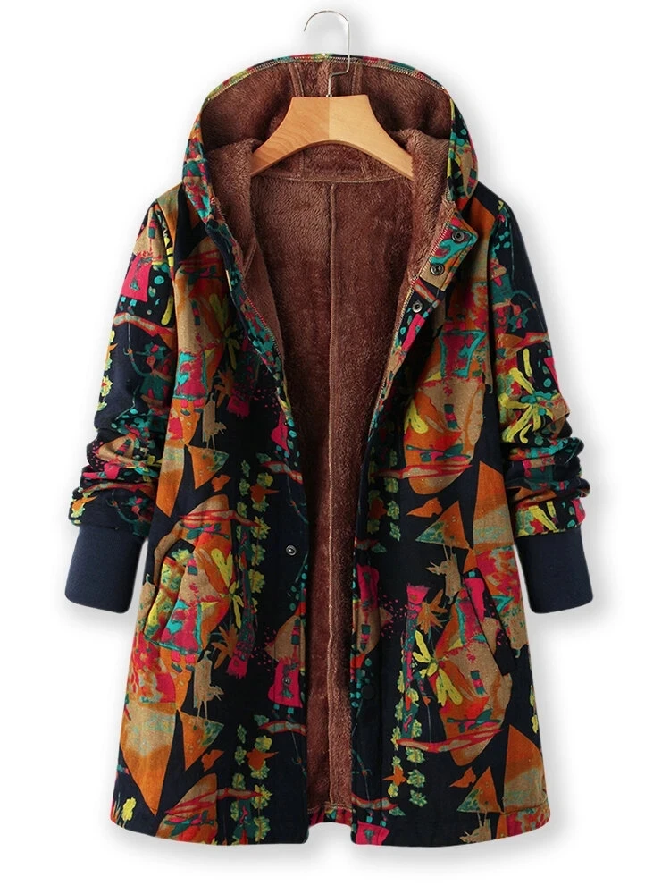 

Vintage Print Button Hooded Coat KZ011