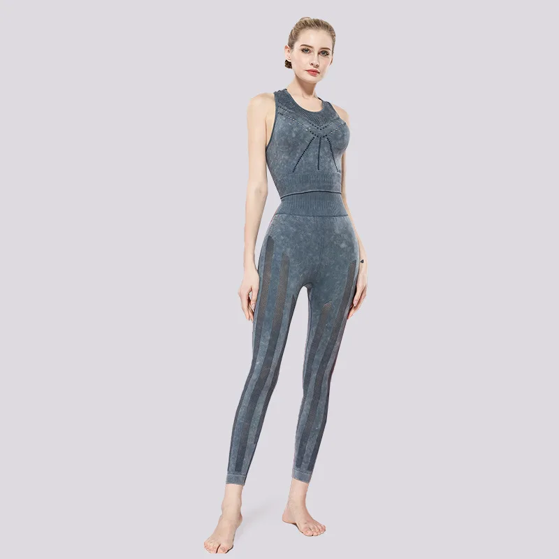 

4 Color Hollow Out Womens Yoga Set Sexy Seamless Mesh Legggings And Bra Suit Tight Bra Waistcoat Suit Printed Fitness Suit
