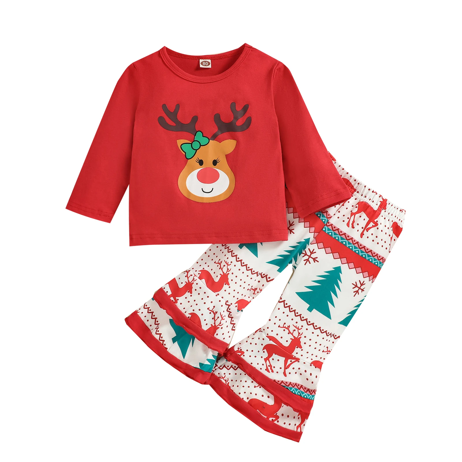 

Рождественский комплект одежды для маленьких девочек, Красная футболка с длинным рукавом и оборками для малышей, топы и брюки, Рождественск...